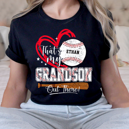 That’s My Grandson Out There Baseball Shirt, Personalized Sports Family T Shirt with Custom Name