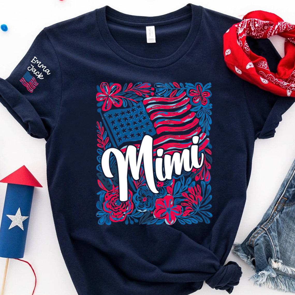Mimi American Flag Floral Shirt, Custom Grandkids Names Family T Shirt