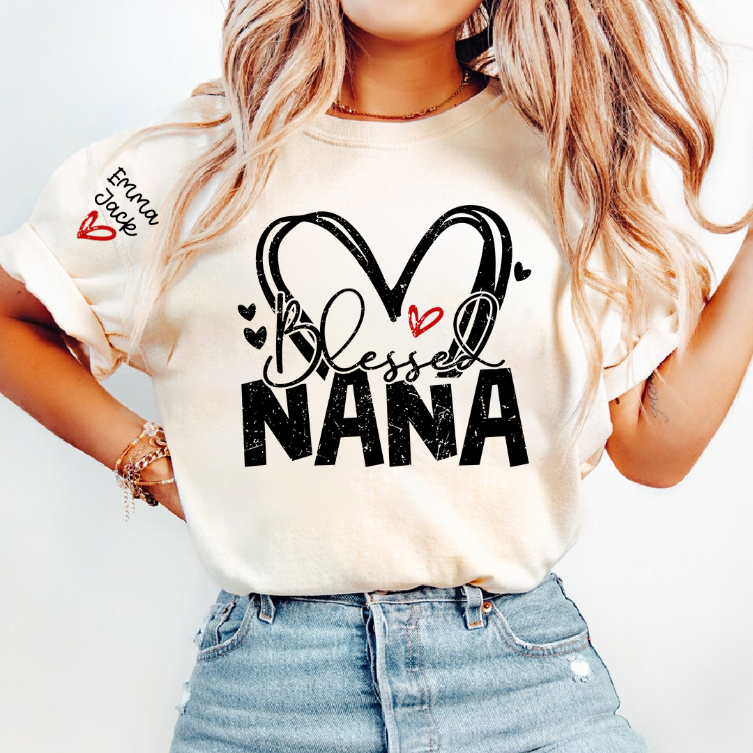 Blessed Nana Shirt, Personalized Family T Shirt with Custom Grandkids Names and Heart Design