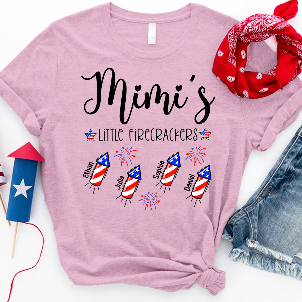Custom Mimi Little Firecrackers Shirt, Children Names Personalized, Patriotic Stars Rockets Graphic, Family Matching Independence Day Apparel