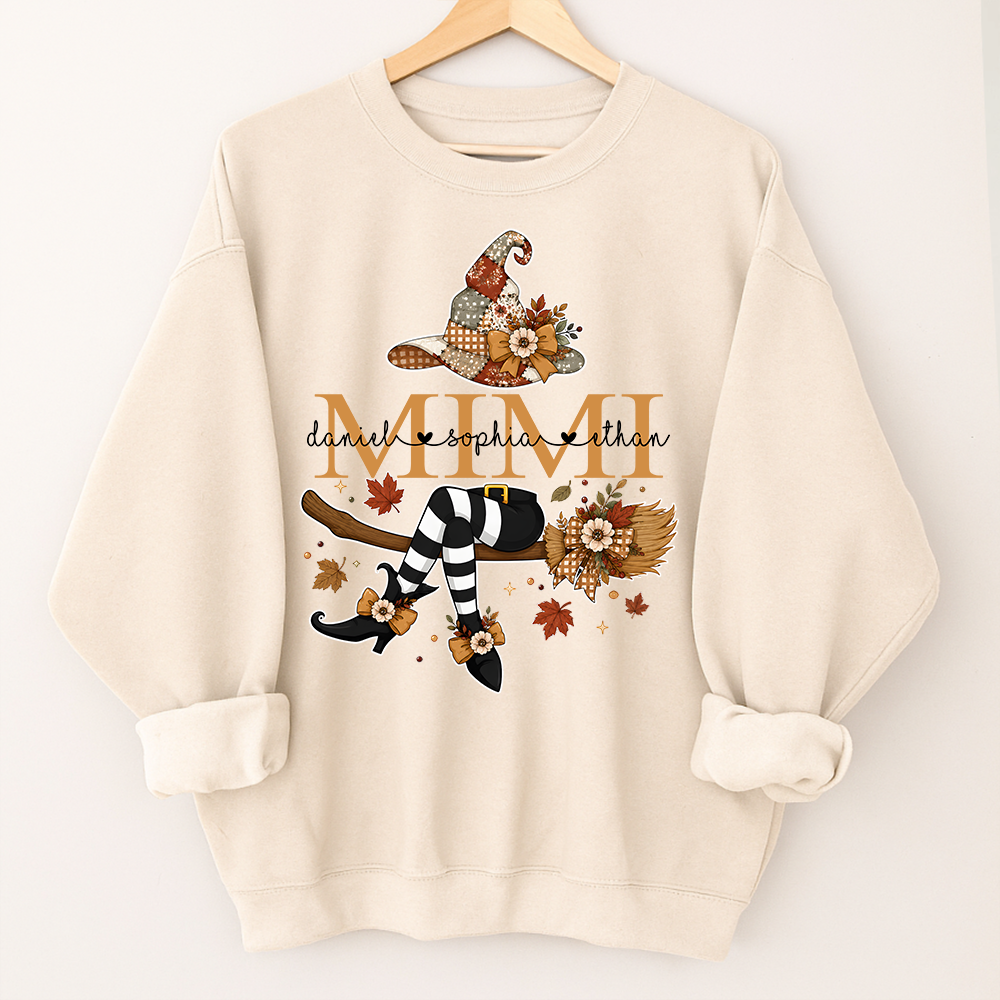 Personalized Halloween Mimi Sweatshirt, Witch Hat Pumpkin Floral Sweatshirt, Custom Kids Names Grandma Fall Outfit