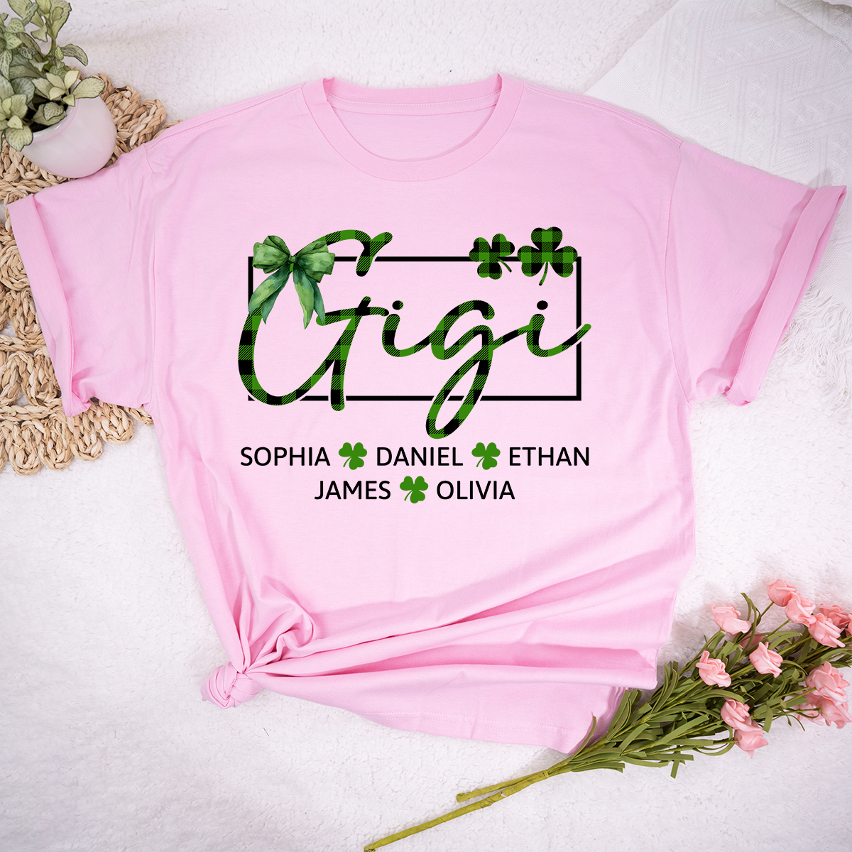 Personalized Gigi Family Shirt, Custom Names Shamrock Clover Tee, St Patrick’s Day Outfit for Gigi and Grandkids