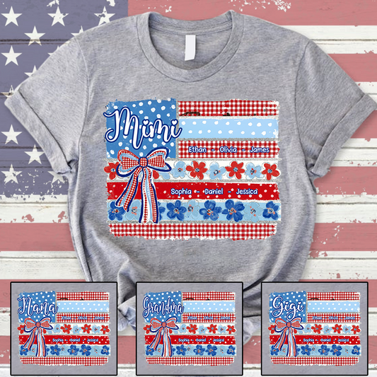 Patriotic Mimi Shirt with Grandkids Names Custom Family Shirt Featuring American Flag and Floral Bow Design