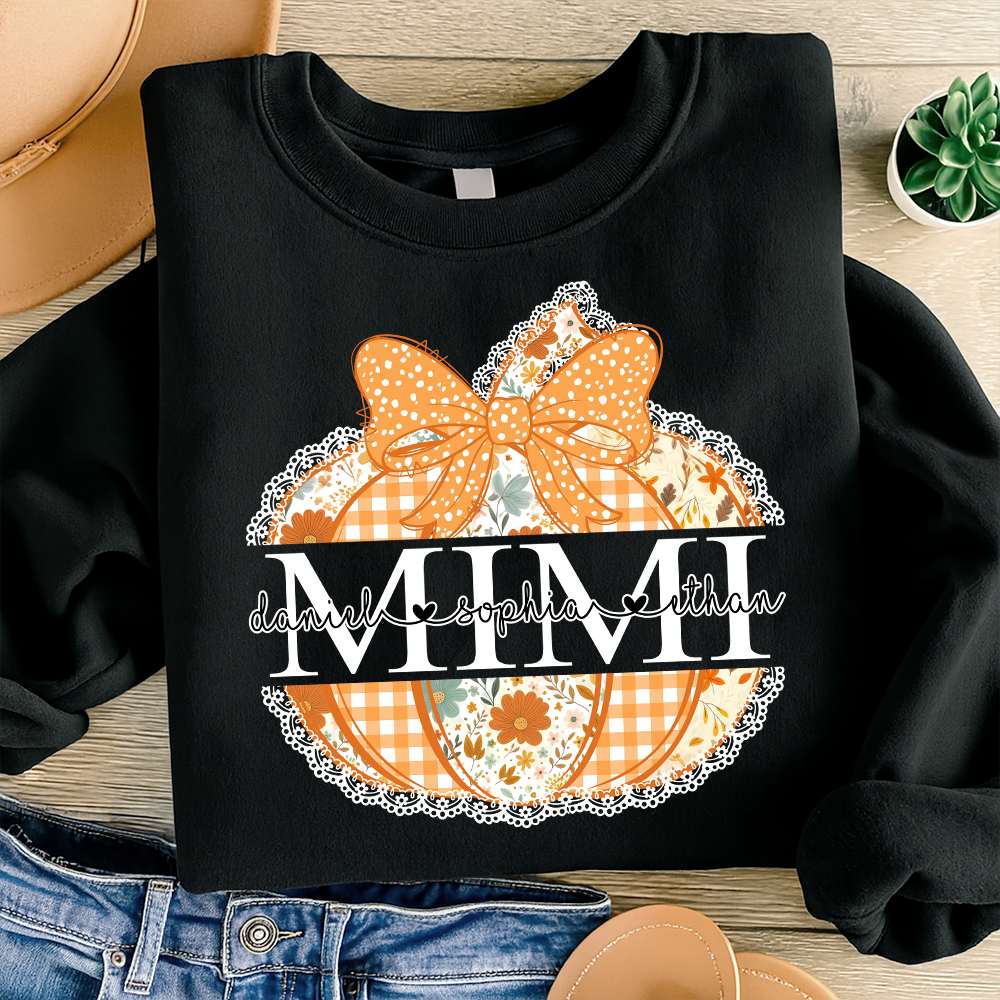 Personalized Mimi Pumpkin Shirt with Grandkids Names, Custom Fall Sweatshirt, Floral Pumpkin Grandma Gift, Thanksgiving Apparel