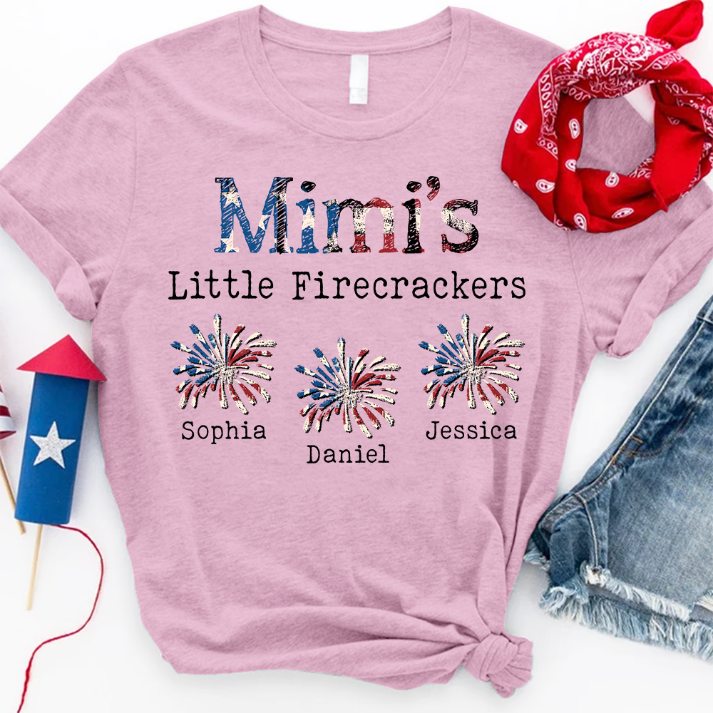 Personalized Mimi's Little Firecrackers Shirt with Kids Names, Custom Patriotic Family Tee, 4th of July Grandma Shirt for Women