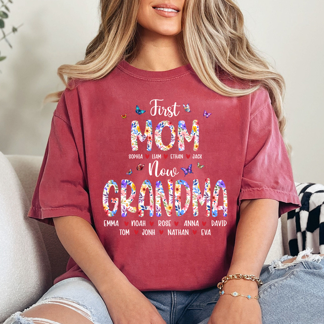 First Mom I Love Grandma Shirt, Personalized Grandma T-Shirt with Custom Family Names
