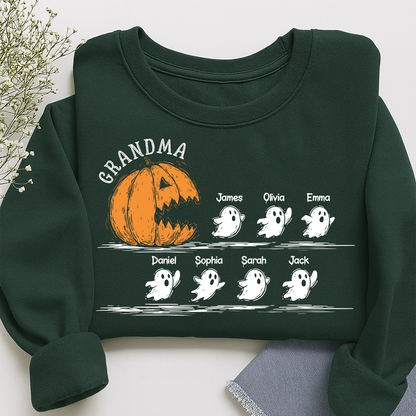 Personalized Grandma Halloween Shirt, Pumpkin And Ghosts Shirt With Grandkids Names