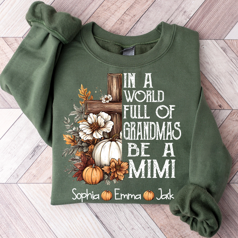 Personalized Mimi Fall Shirt, In A World Full Of Grandmas Be A Mimi Pumpkin Tee, Custom Grandkids Names T Shirt for Women