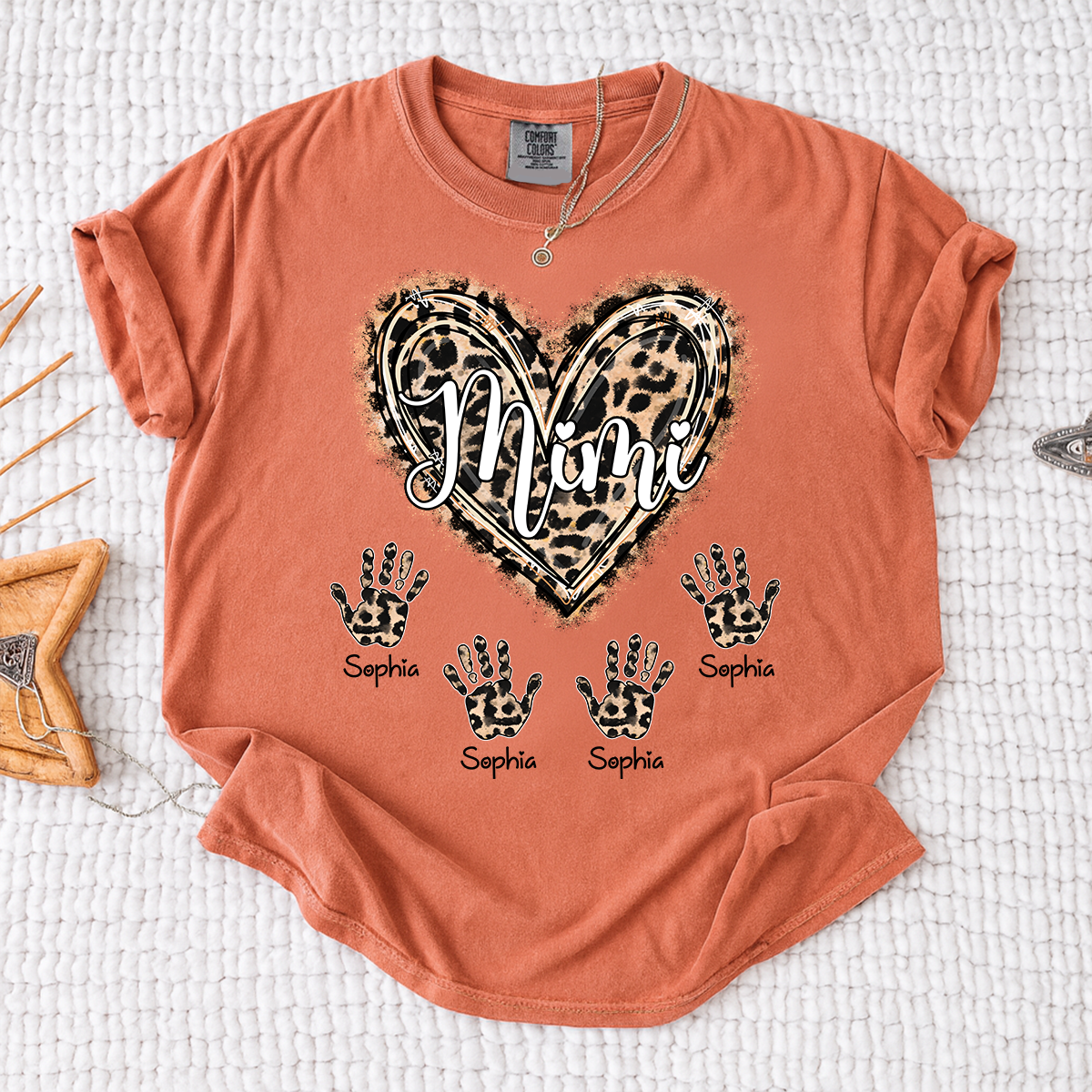Comfort Colors Mimi Leopard Heart Shirt, Custom Handprint T Shirt with Grandkids Names, Unique Gift for Mimi, Personalized Family Shirt