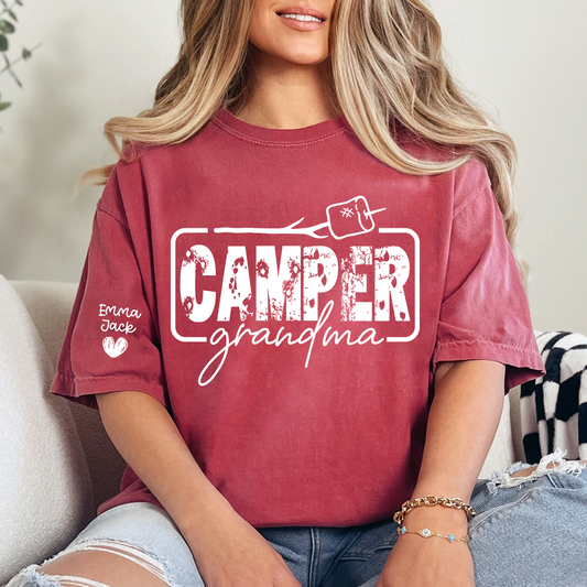 Camper Grandma Shirt, Funny Camping Grandma Tee, Personalized Grandkids Names Sleeve Shirt, RV Camper Gift for Grandma