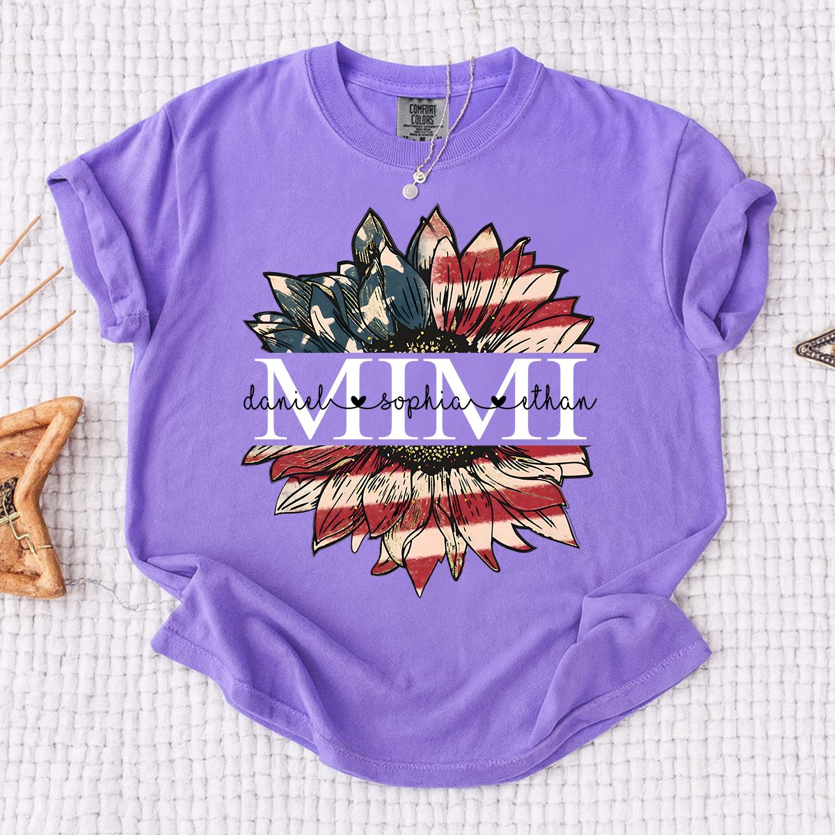 Comfort Colors Personalized Mimi Shirt Sunflower American Flag Design, Custom Kids Names Grandma T Shirt