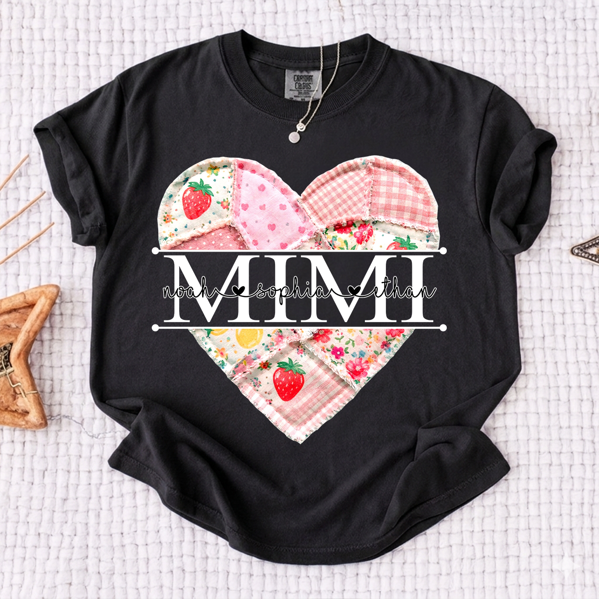 Comfort Colors® Personalized Mimi Heart Patch T-Shirt for Grandma, Custom Family Names Tee