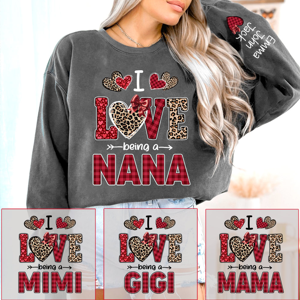 I Love Being a Nana Sweatshirt, Leopard and Plaid Heart Valentine Family Crewneck