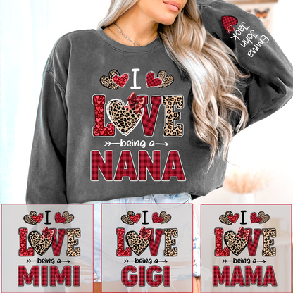 I Love Being a Nana Sweatshirt, Leopard and Plaid Heart Valentine Family Crewneck