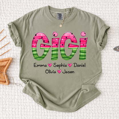 Comfort Colors Custom Gigi Grandma Shirt, Personalized Kids Names Watermelon Graphic Tee, Cute Summer Gift for Nana Mimi Grammy