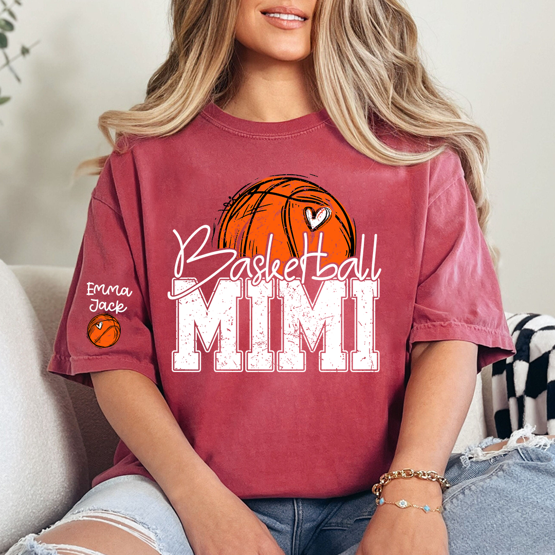 Custom Basketball Mimi Shirt with Heart and Ball Graphic, Personalized Family Names