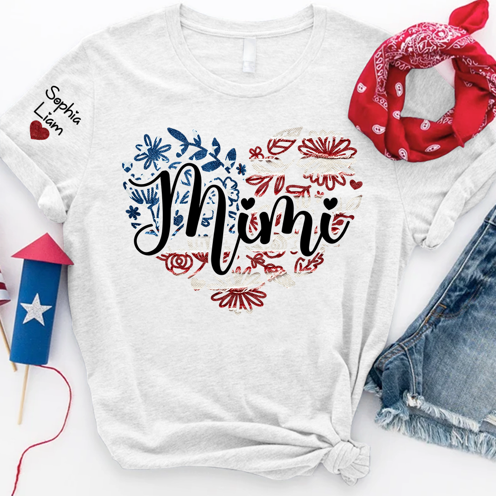 Custom Mimi T Shirt with Kids Names Patriotic Heart American Flag Floral Design Personalized Family Gift for Mimi