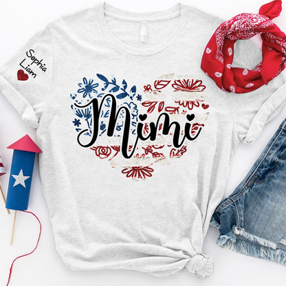 Custom Mimi T Shirt with Kids Names Patriotic Heart American Flag Floral Design Personalized Family Gift for Mimi