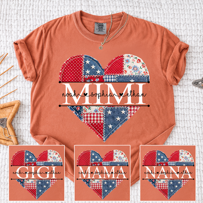 Comfort Colors Personalized Mimi Shirt with Grandkids Names, Patriotic Heart Patchwork Design