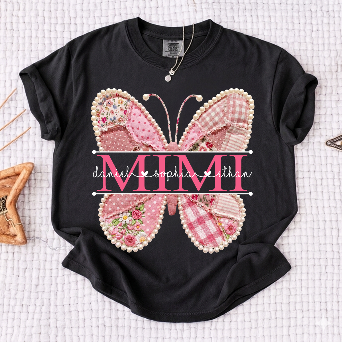 Comfort Personalized Mimi Shirt with Grandkids Names, Pink Butterfly Patchwork Design Family Tee