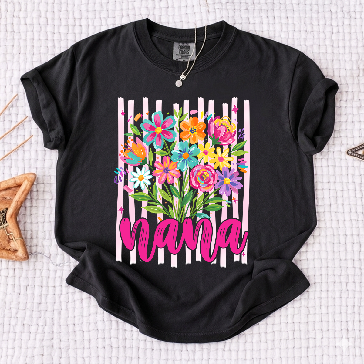 Comfort Colors® Custom Striped Wildflowers Nana Shirt, Trendy Ditsy Floral Gift for Grandma And Kids