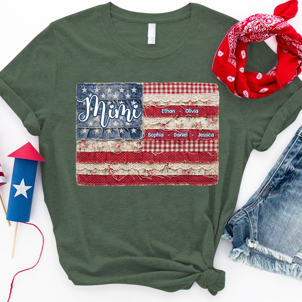 Personalized Mimi Shirt with Kids Names Patriotic American Flag Patchwork Design Custom Gift for Mom Grandma