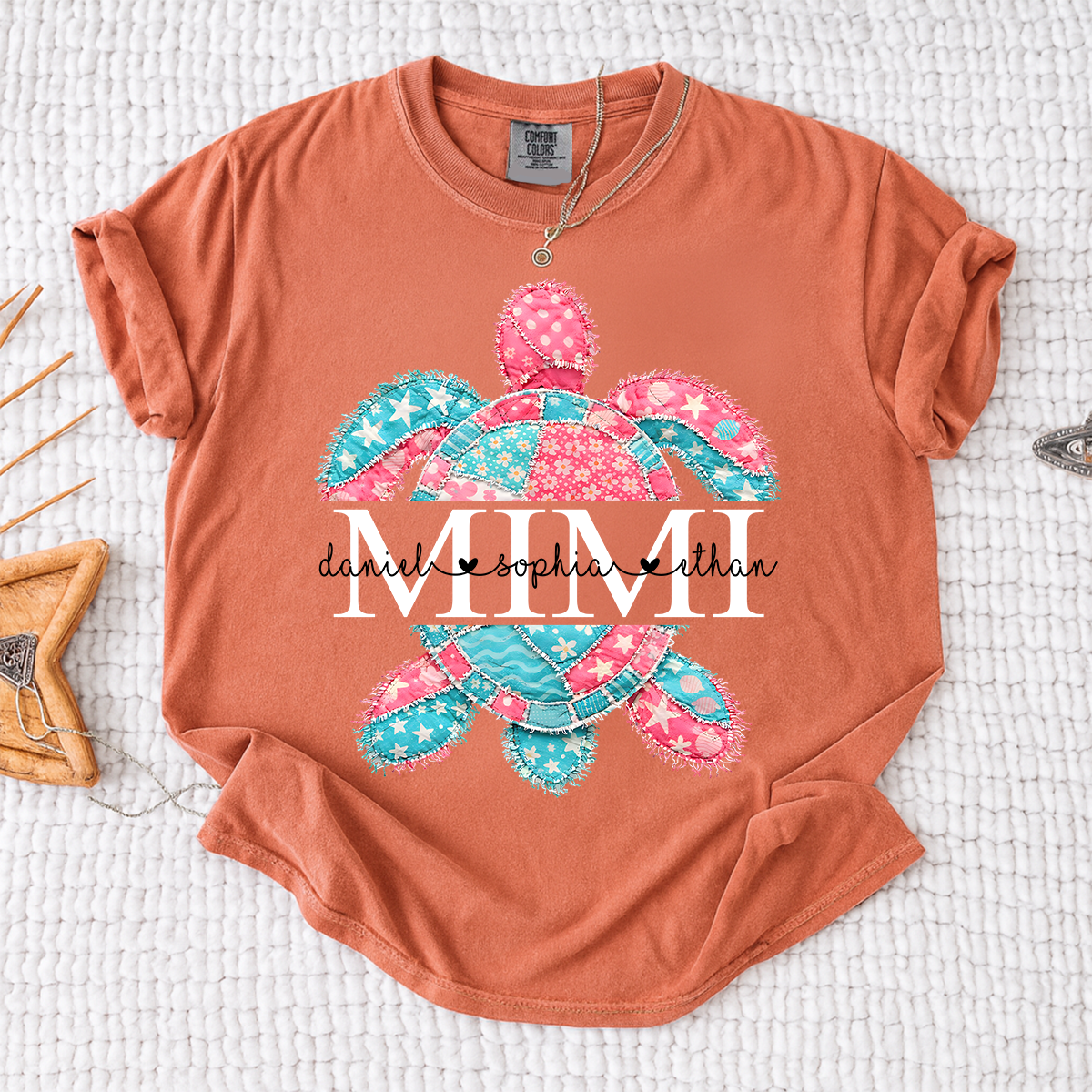 Comfort Colors Personalized Mimi Sea Turtle Shirt with Grandkids Names, Custom Grandma Beach T Shirt for Women, Coastal Family Gift