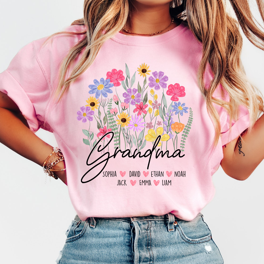 Personalized Grandma Floral Shirt, Custom Family Names T-Shirt with Wildflower Design