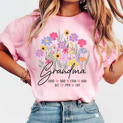 Personalized Grandma Floral Shirt, Custom Family Names T-Shirt with Wildflower Design
