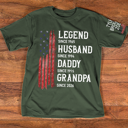 Personalized American Flag Printed T-Shirt For Husband, Father, Grandfather, With Custom Names Of Grandchildren