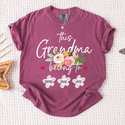 Comfort Colors Custom Grandma T-Shirt, This Grandma Belongs to Personalized with Kids Names and Flower Design