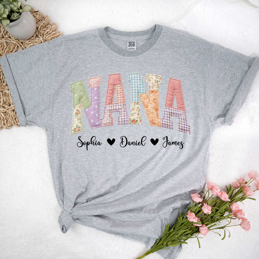 Personalized NANA Shirt – Cute Patchwork Design with Names of Loved Ones, Perfect for Grandmother