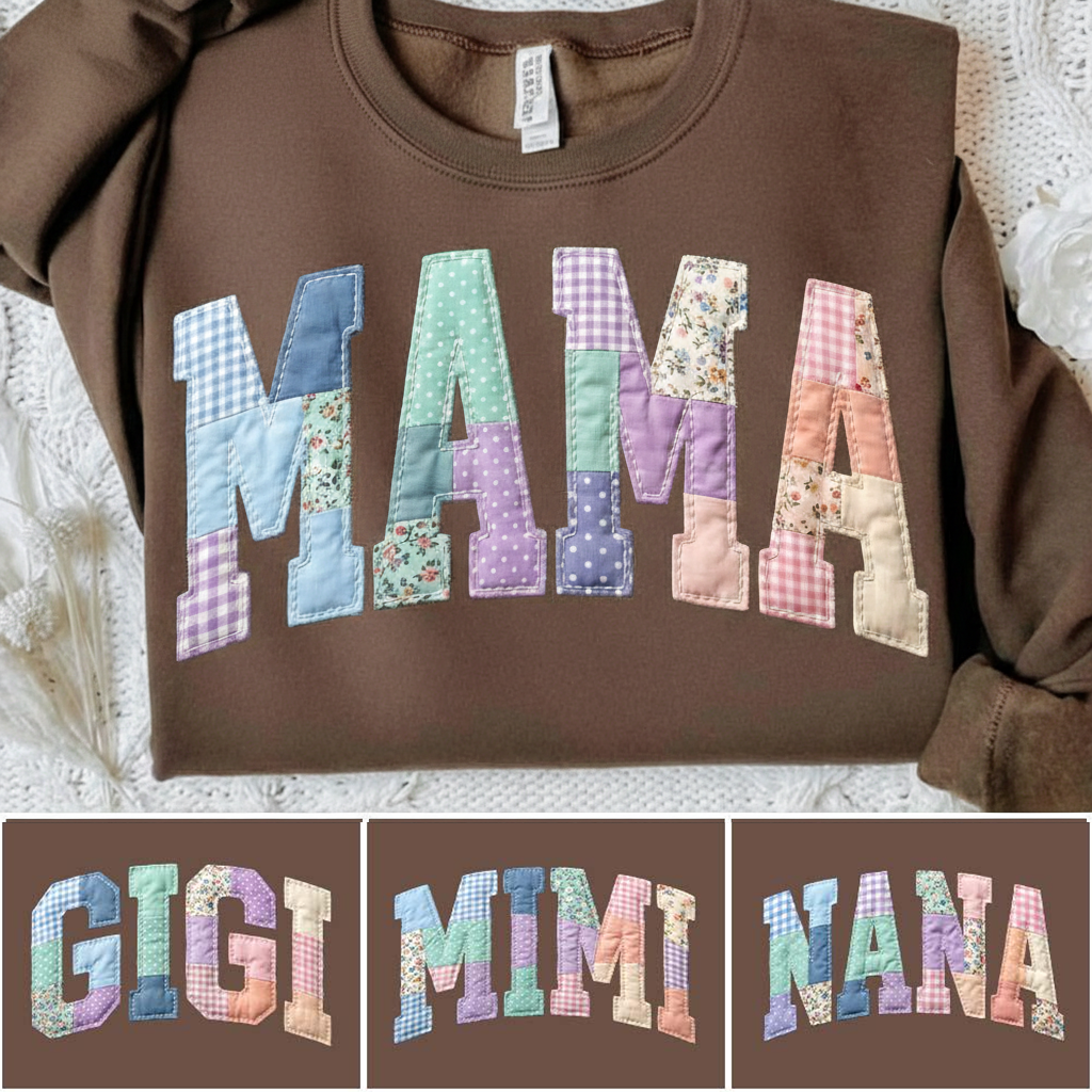 Mama Patchwork Sweatshirt for Women, Faux Embroidered Mimi Shirt Design, Cute Mother’s Day Gift for Mama Patchwork Sweatshirt for Women