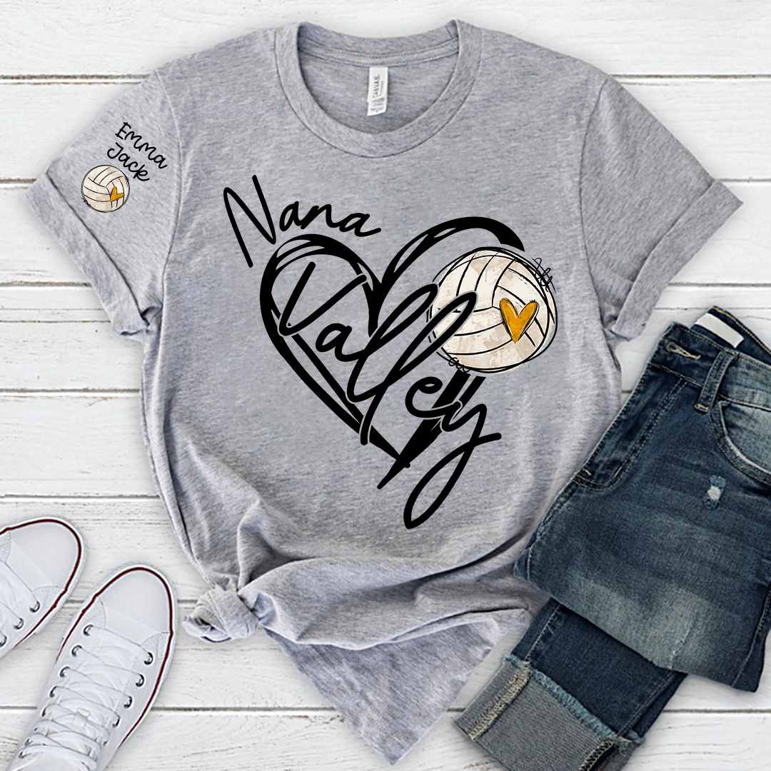 Personalized Nana Volleyball T Shirt, Custom Names with Heart and Volleyball Graphic