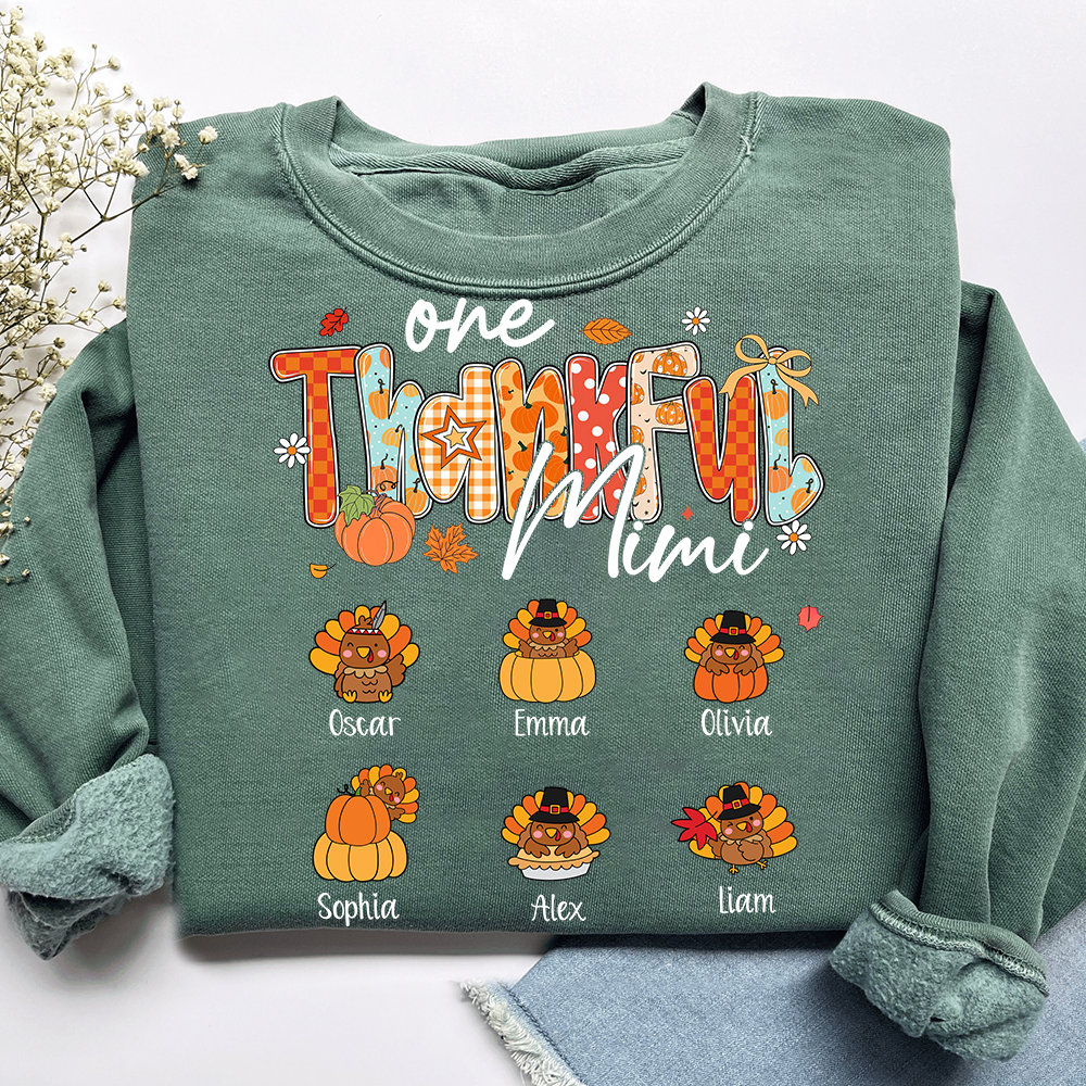 Personalized One Thankful Mimi Turkey Sweatshirt, Gift for Grandma and Kids