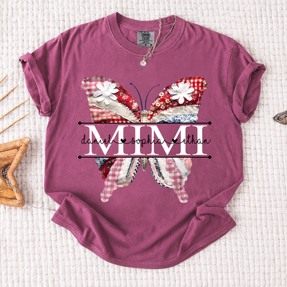 Comfort Personalized Mimi Shirt with Grandkids Names, Colorful Patchwork Butterfly Design Family Tee