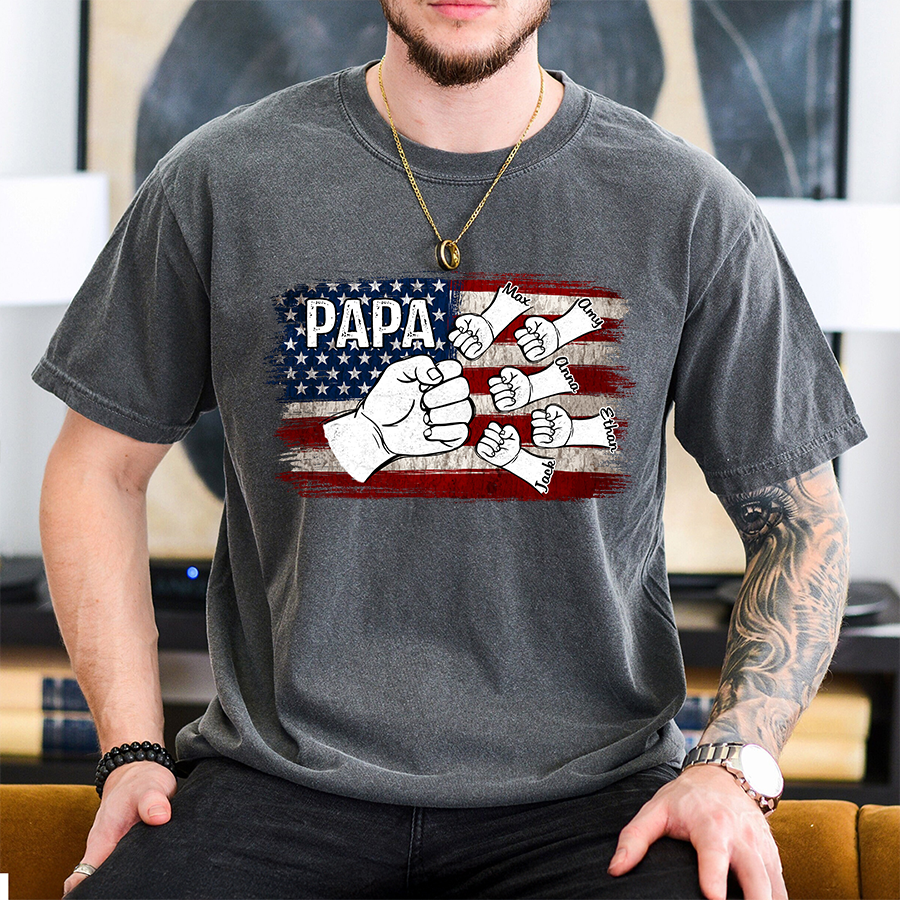 Comfort Colors® Papa Fist Bump Shirt with Kids Names – American Flag Custom T-Shirt for Dad