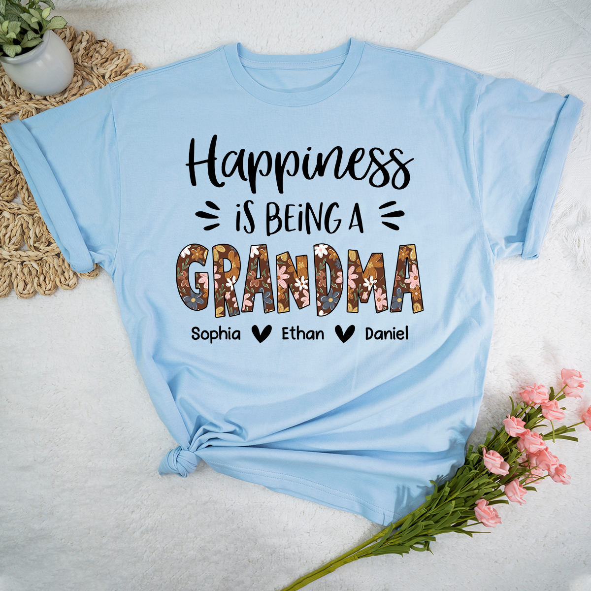 Happiness Is Being a Grandma Shirt, Floral Pattern Grandma Tee, Personalized Name Gift for Grandma