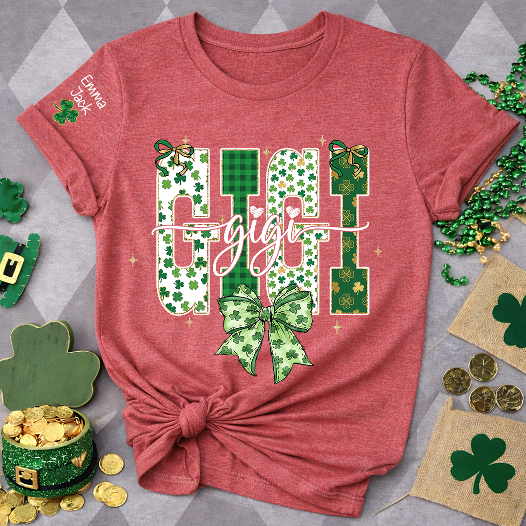 Lucky Gigi St Patrick’s Day T Shirt, Green Clover Bow Design, Gift For Grandma And Grandchildren