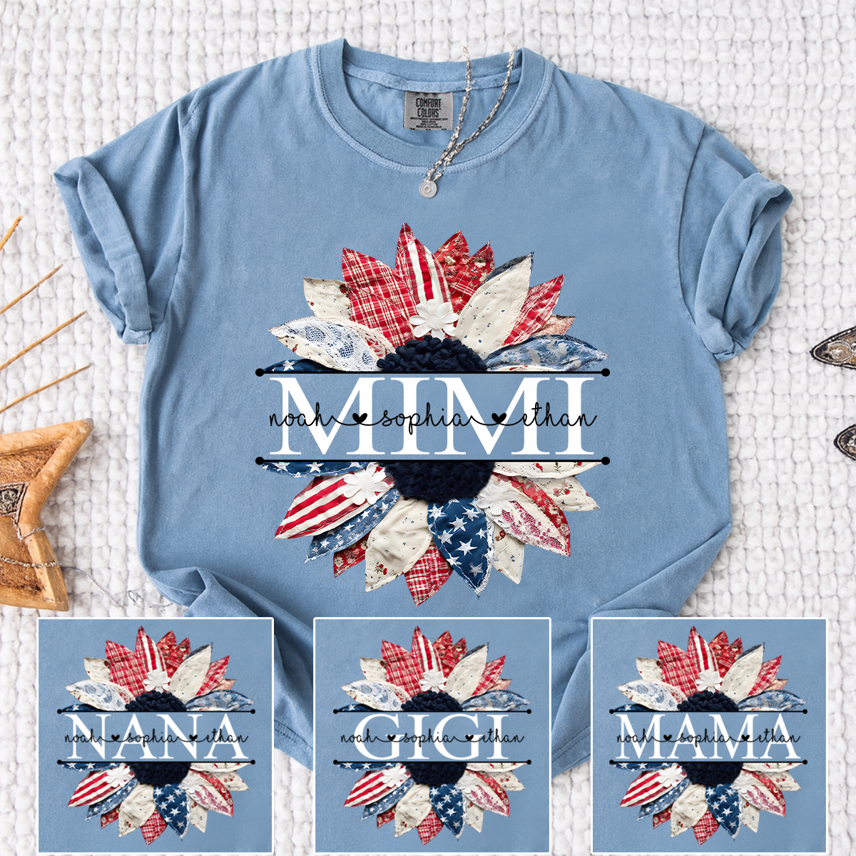 Comfort Colors Mimi Patchwork Floral Shirt with Custom Grandkids Names, Personalized Family Tee