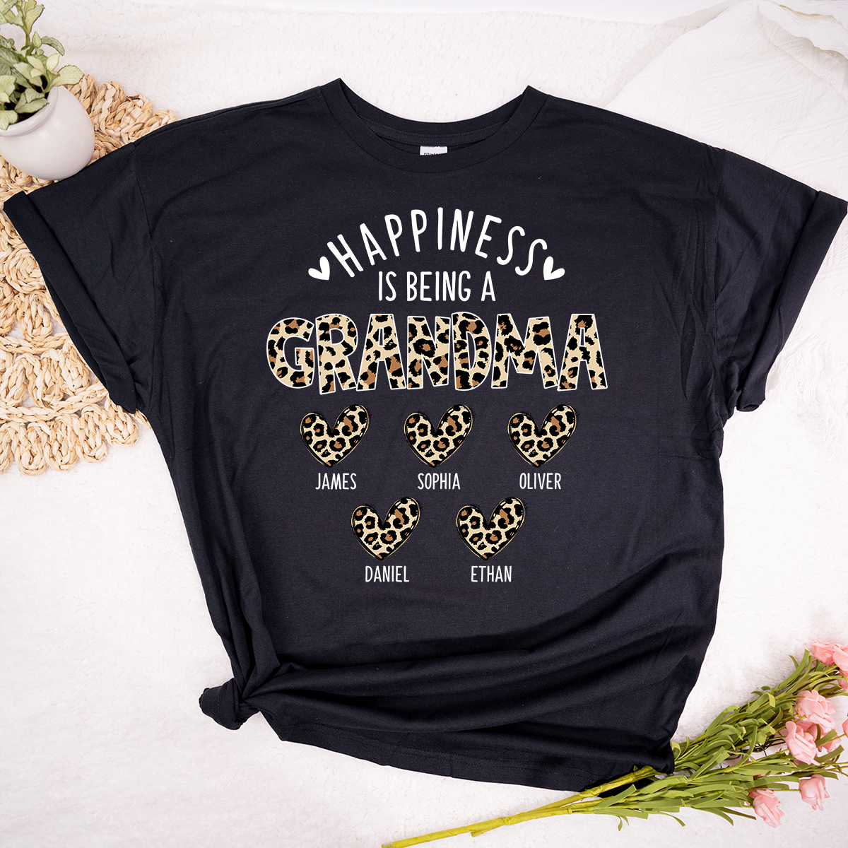 Happiness Is Being a Grandma Tee, Custom Grandma Shirt with Grandkids Names, Leopard Print Hearts Design