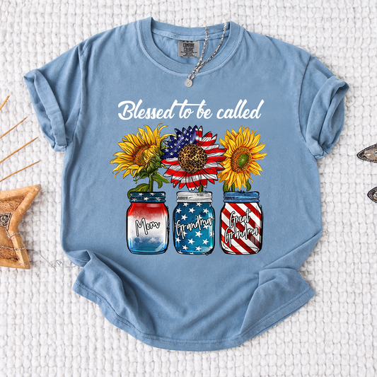 Comfort Colors Personalized Blessed to be Called Shirt, Custom Names with Sunflower and Patriotic Jar Design