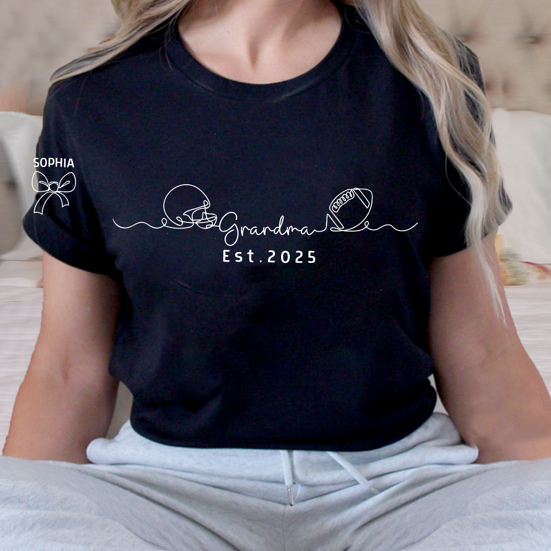 Custom Grandma T Shirt, Football Line Art For Gift Grandma And Kids Est. 2025