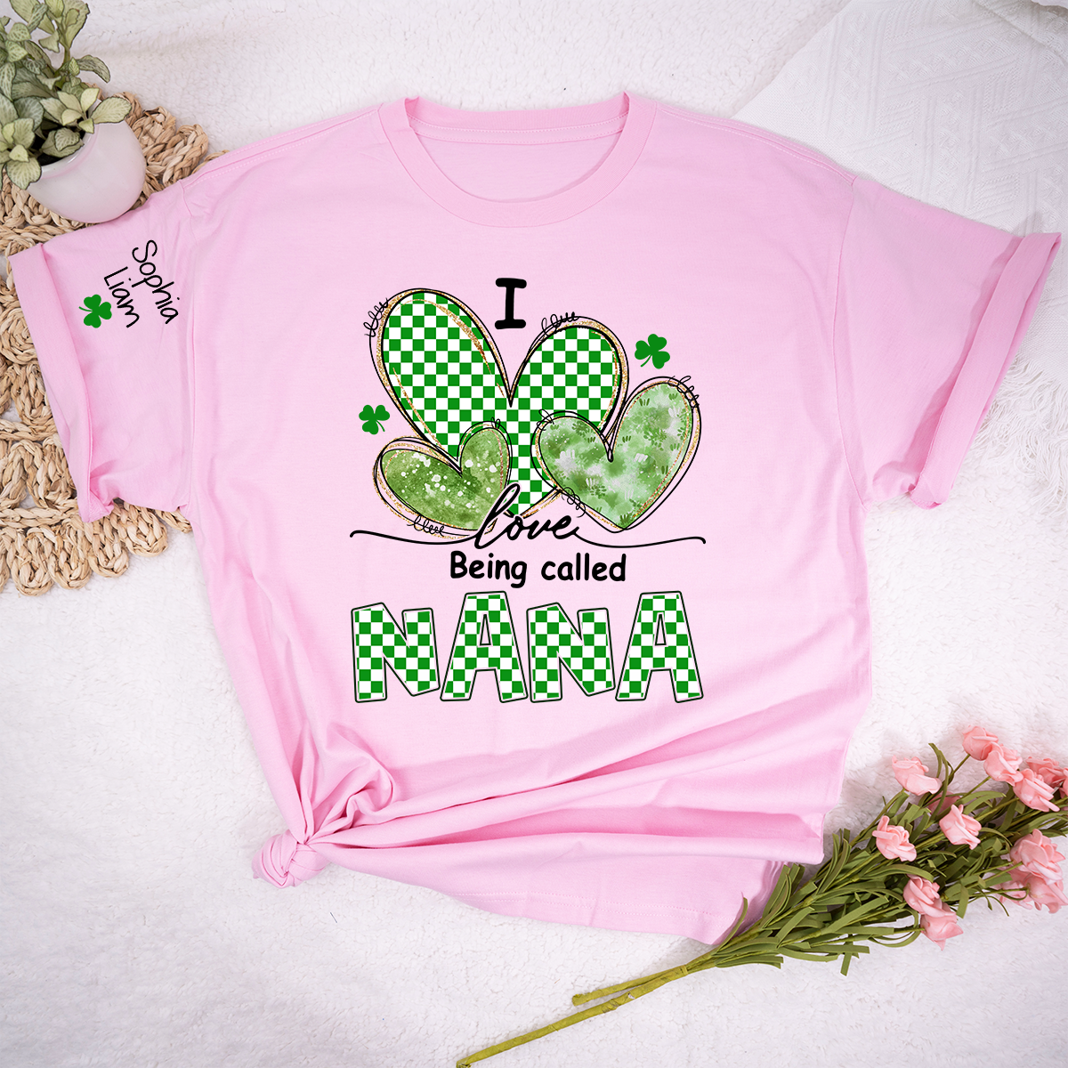 I Love Being Called Nana Shamrock Shirt, St Patricks Day Grandma T Shirt with Green Hearts, Cute Nana Gift for Spring Holiday