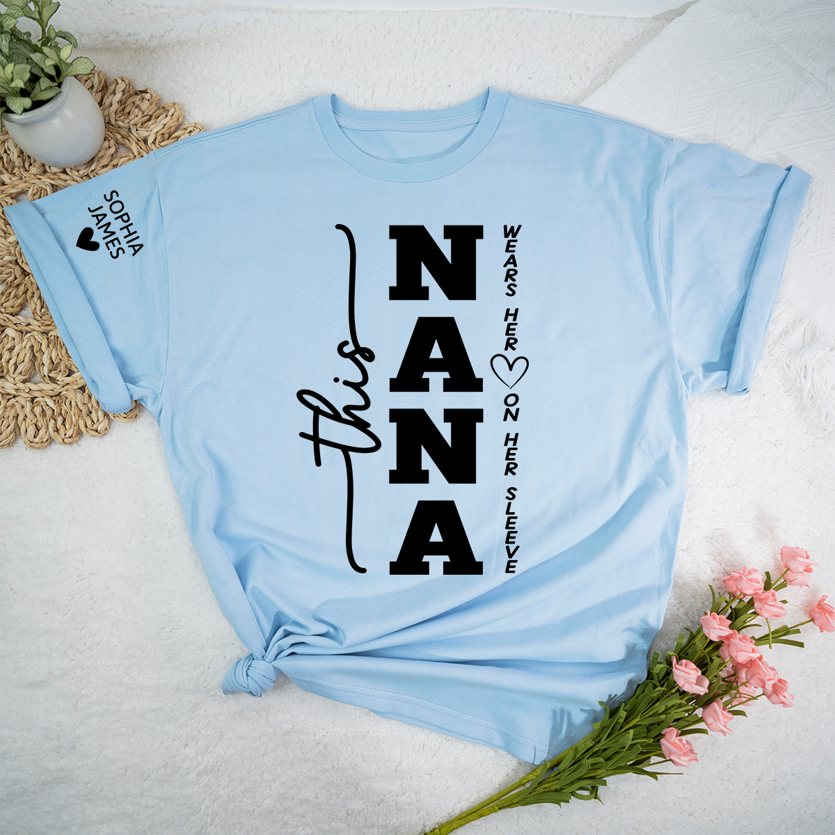 This Nana Wears Her Heart on Her Sleeve Shirt, Personalized Nana T Shirt with Grandkids Names, Family Love Apparel