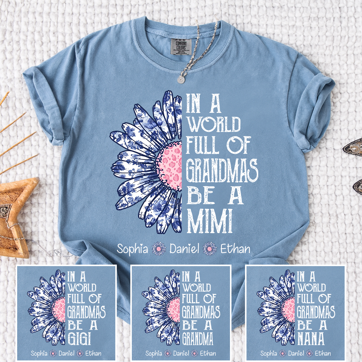 Comfort Colors Custom Mimi Shirt with Grandkids Names In a World Full of Grandmas Be a Mimi Daisy Flower Design Personalized Family Tee