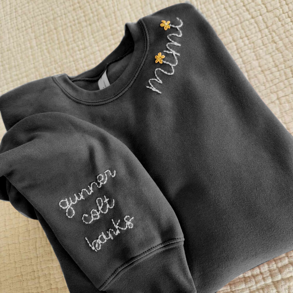 Custom Hand Embroidered Mimi With Grandkids Name On Sleeve Sweatshirt, Mother's Day Gift For Mom Mimi Grandma Nana Gigi Gaga