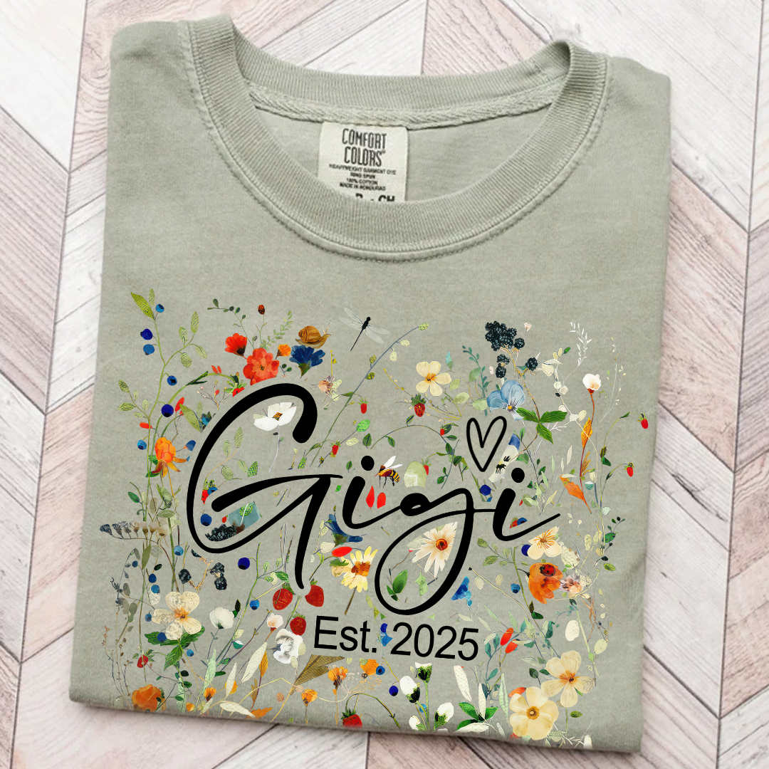 Comfort Colors® Gigi Est Wildflower T-Shirt, Custom Grandma With Grandkids Shirt
