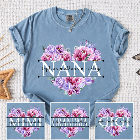 Comfort Color Personalized Nana Shirt Purple Floral Heart Design Custom Grandma Mimi Gigi Name Tee with Grandkids Names Elegant Family Outfit for Women