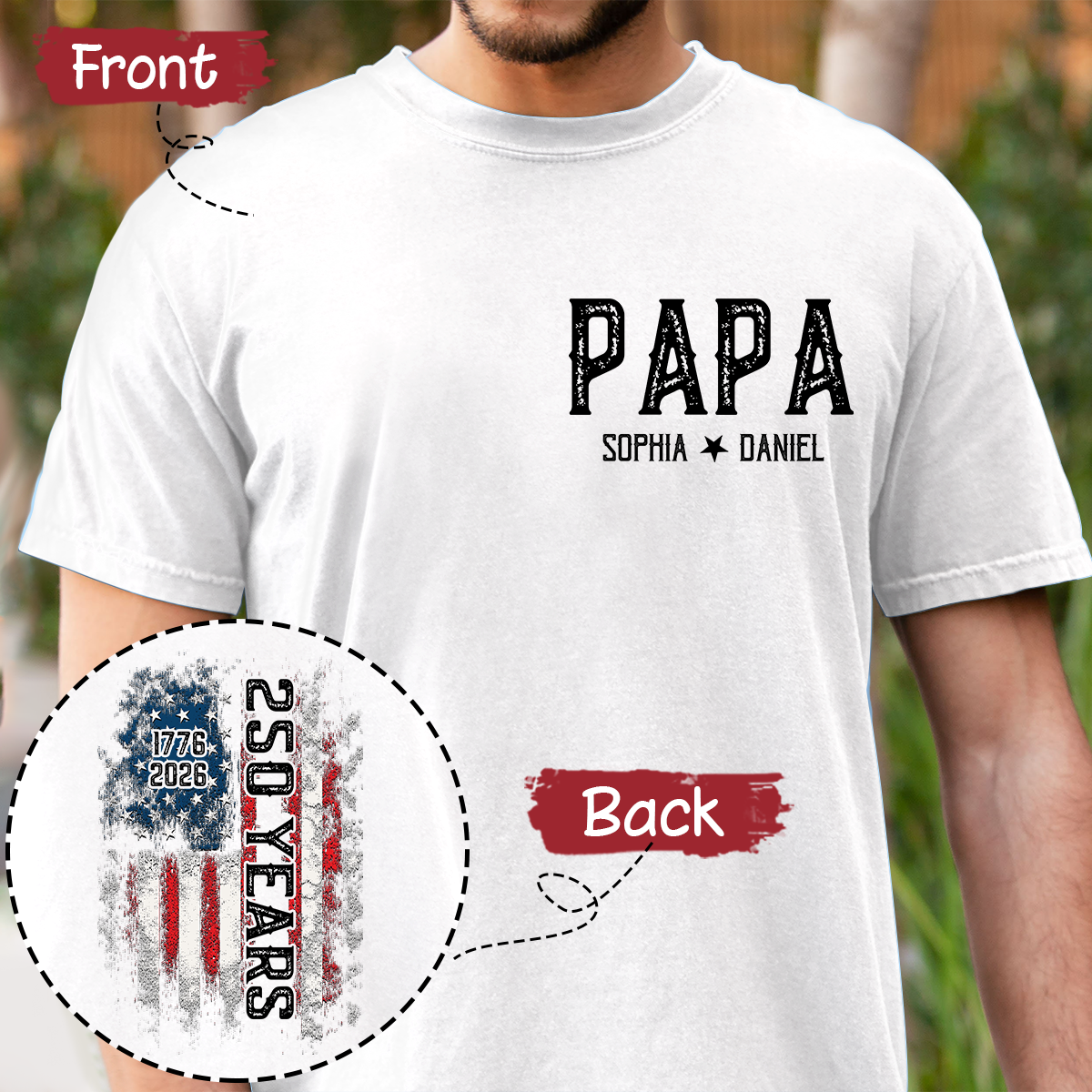 Personalized Family T Shirt for Papa, American Flag Design, Custom Family Names, 250th Anniversary Patriotic Gift